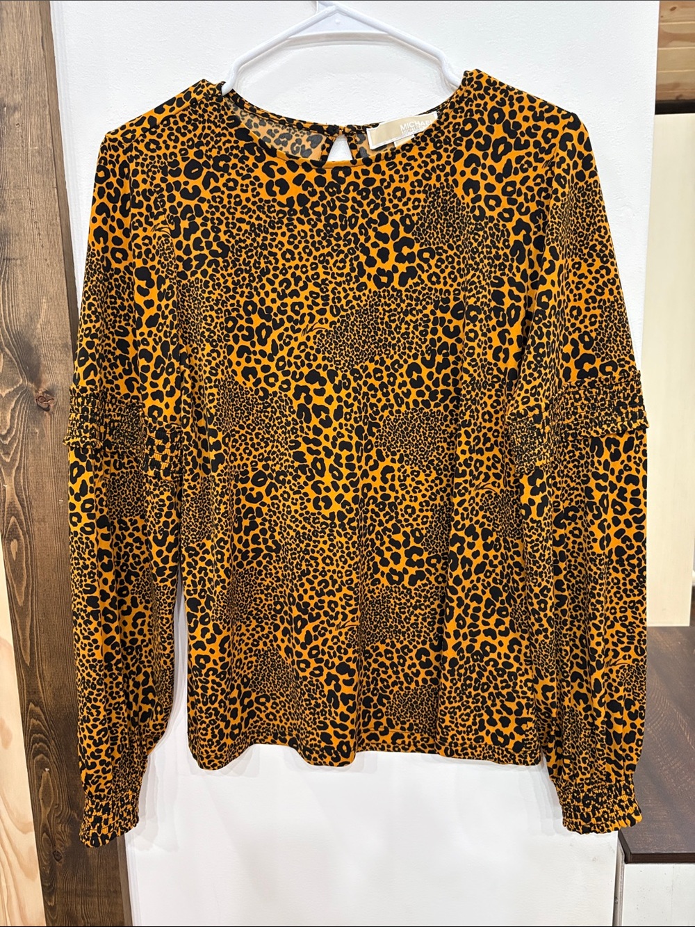 Michael Kors Black and Mustard Leopard Print Long Sleeve Blouse